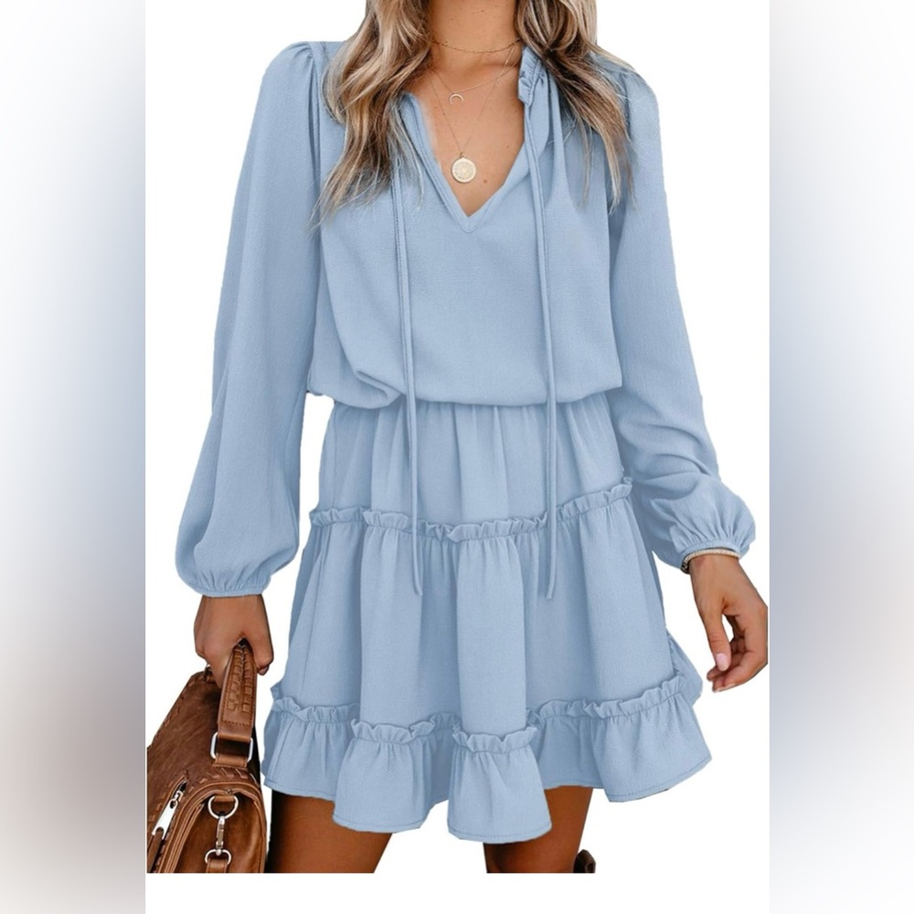 Casual Summer Vneck Long Sleeve High Waist Ruffle Tiered A Line Swing Mini Dress